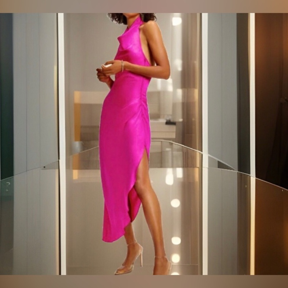 VICI fuchsia pink draped asymmetrical midi dress, halter w/buttons. NEW Re $80🎉